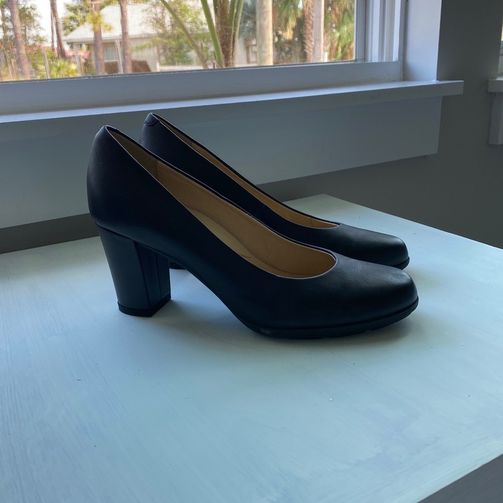 Black leather block heels